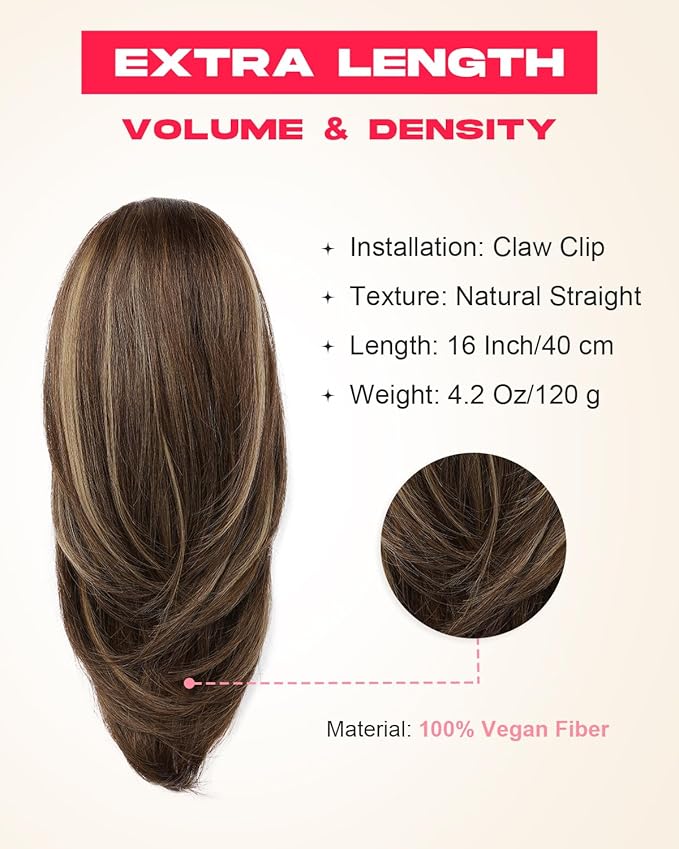 Ponytail Extension – 16” Claw Clip in Ponytail Hair Extensions Natural Soft Synthetic High Pony Tail Hairpieces for Women (Chocolate Brown with Highlights, 16 inch)