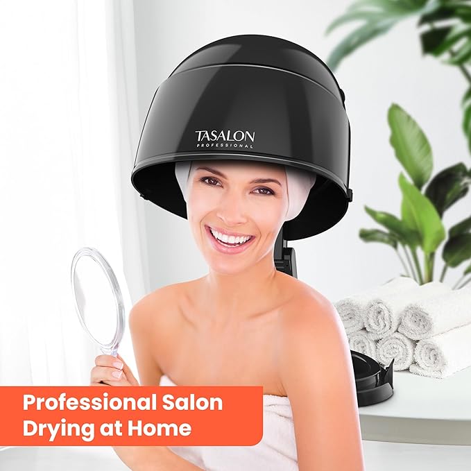 TASALON Portable Hooded Hair Dryer Bonnet, 1875W Height Adjustable Salon Home Hair Dryer with Hood, 3 Heating Settings - Black