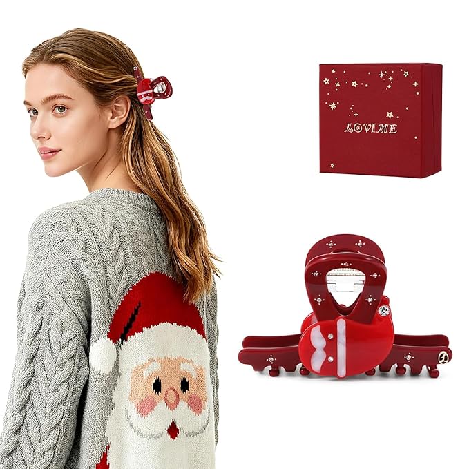 Premium Christmas Red Hair Clips for Women, Christmas Hair Claw Clips for Girls, Original Italian Designed Strong Hold No Slip Claw Clip with Gift Box SANTA SMILES-L