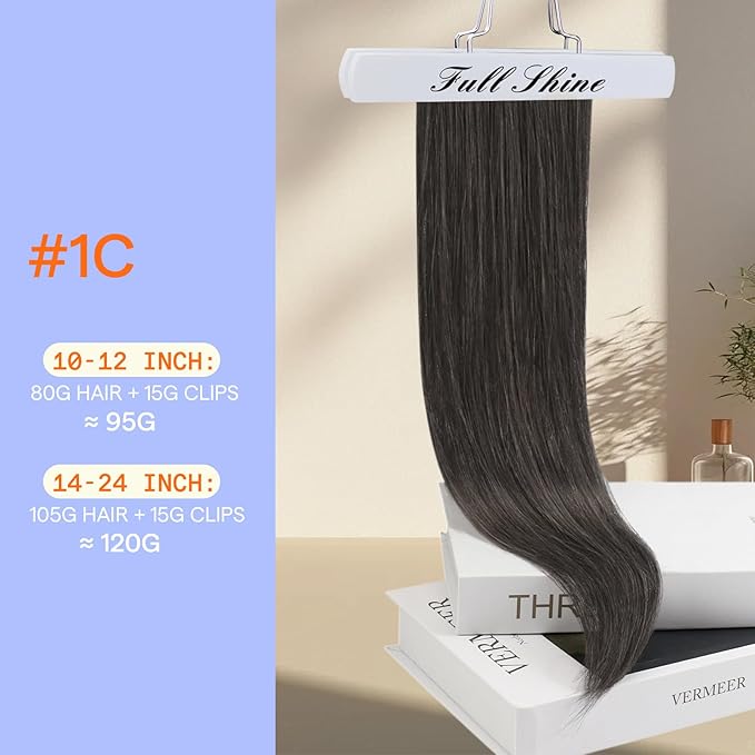Full Shine Invisible Clip in Hair Extensions Human Hair Soft Black Real Human Hair Extensions Clip ins 12 Inch 95 G 7 Pcs