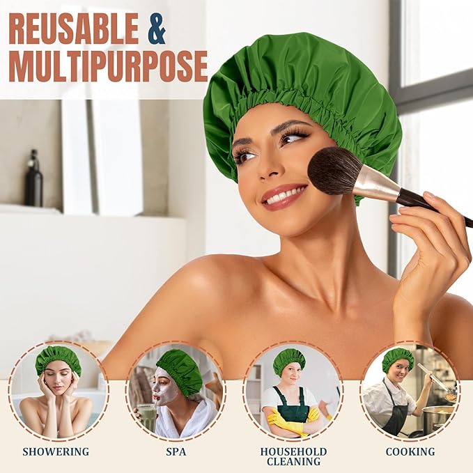 Reusable Shower Cap for Women, Stylish Large Waterproof Shower Bonnet Washable Wide Elastic Band Hair Cap for Long Hair, Braids Bath Hat(Sage)