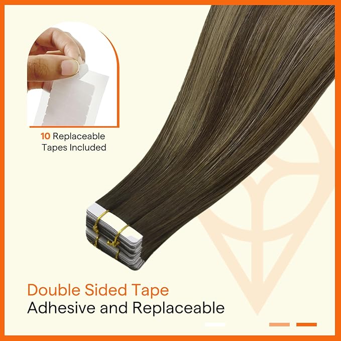 Full Shine Insert Virgin Tape in Hair Extensions Color Balayage Medium Brown to Blonde and Brown 14 Inch Intact Human Hair Invisible Tape in Extensions 10Pcs 25Grams Quick Install for Office Look