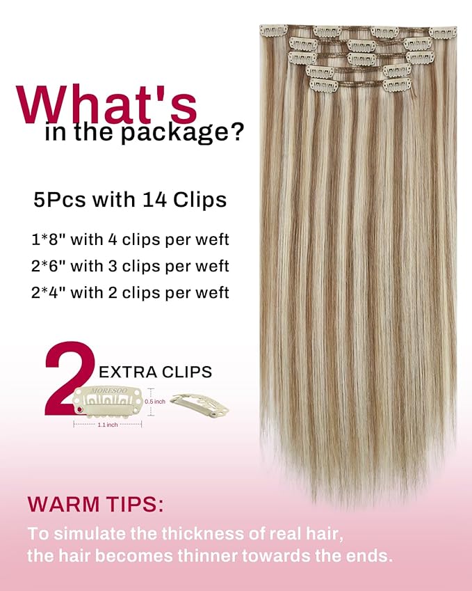 Moresoo Human Hair Clip in Extensions Blonde Highlights Brown Real Human Hair Extensions Clip ins Platinum Blonde with Medium Golden Brown Short 14 inch for Women Double Weft 80g/5pcs