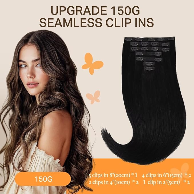 DOORES Clip in Hair Extensions Real Human Hair, Jet Black 150g 7pcs 20 Inch Invisible Edge Clip in Extensions Long Straight Weft for Women