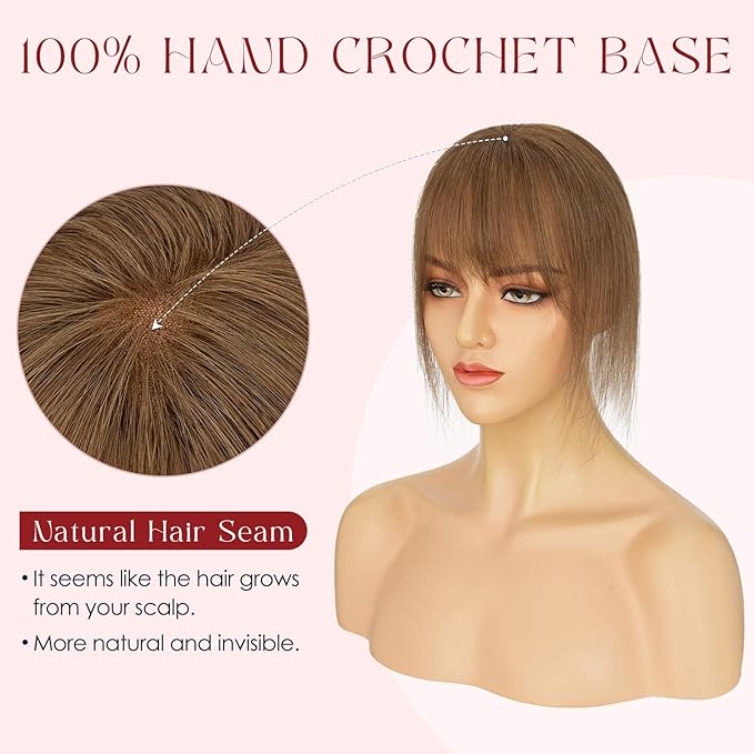 Human Hair Topper with Bangs for Women, 360° Cover Clip in Fringe Bangs Hair Toppers Hair Piece Medium Brown-3.15x4.33 Hand-tied Base (Medium Brown)