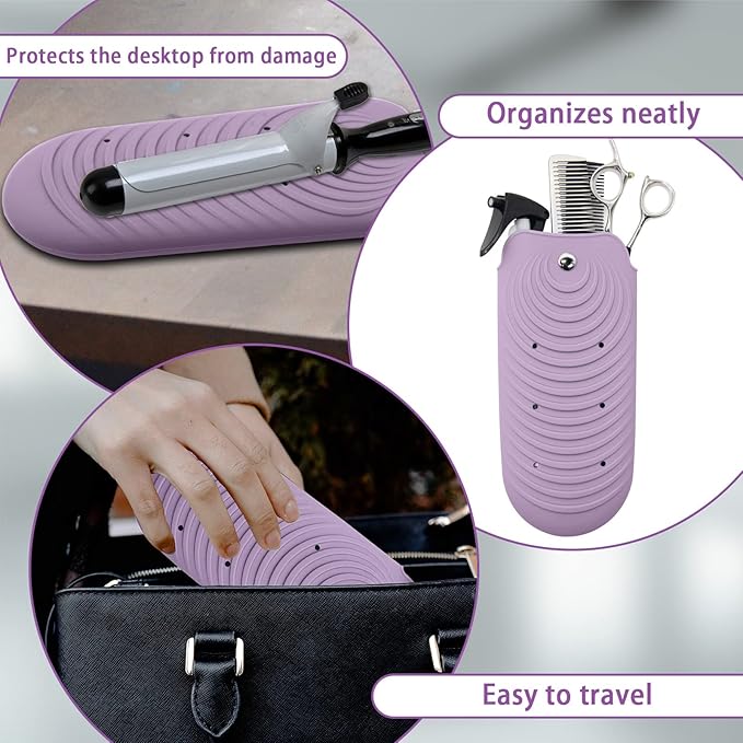 Heat Resistant Silicone Mat Pouch for Hair Styling Tools, Curling and Flat Irons Non-Slip Travel Cover, Small Portable Straightener Pad for Curler Wands Storage, Hot Waver (Purple)