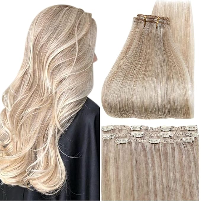 Full Shine Clip in Hair Extensions 3 Pcs 60 G Ash Blonde Highlights Bleach Blonde Human Hair Extension Clip ins Invisible Hair Extensions for Thin Hair 20 Inch