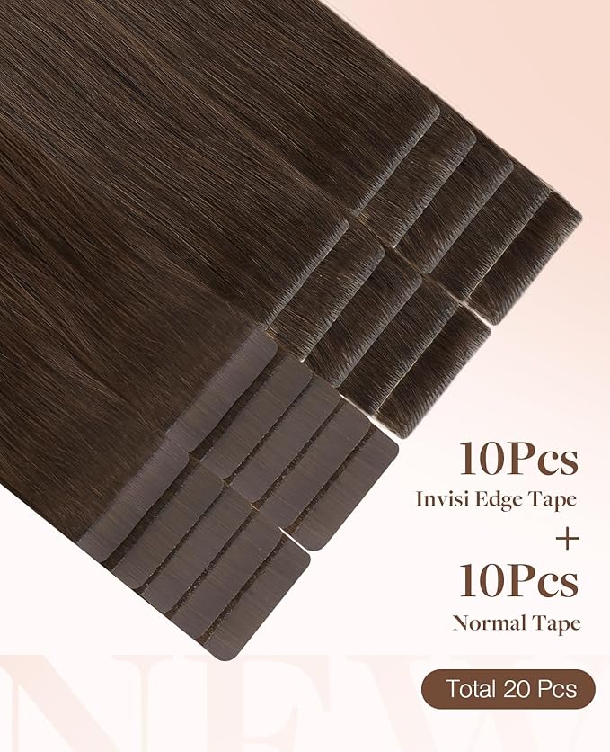 GOO GOO Invisi Edge Tape in Hair Extensions Human Hair, 4A Chocolate Brown 10pcs injected with 10pcs classical tape ins, 24inch 50g, Virgin Remy Hair, Natural Look