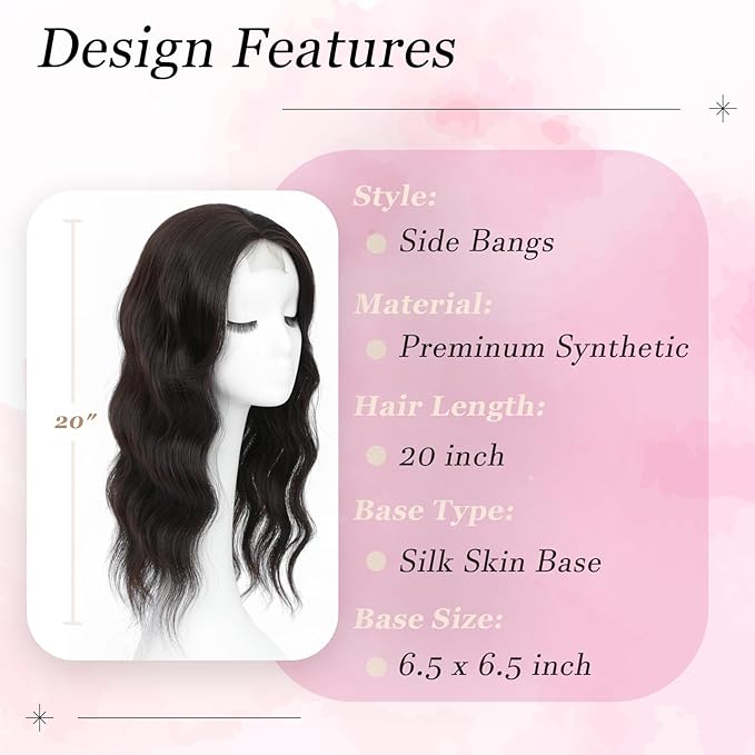 Hair Topper, 360° 3D Hair Toppers for Women with Thinning Crown, 20 Inch Long Wavy Curly Hair Pieces Clip in Bangs (Brown Black, 20 inch, Side Bangs)