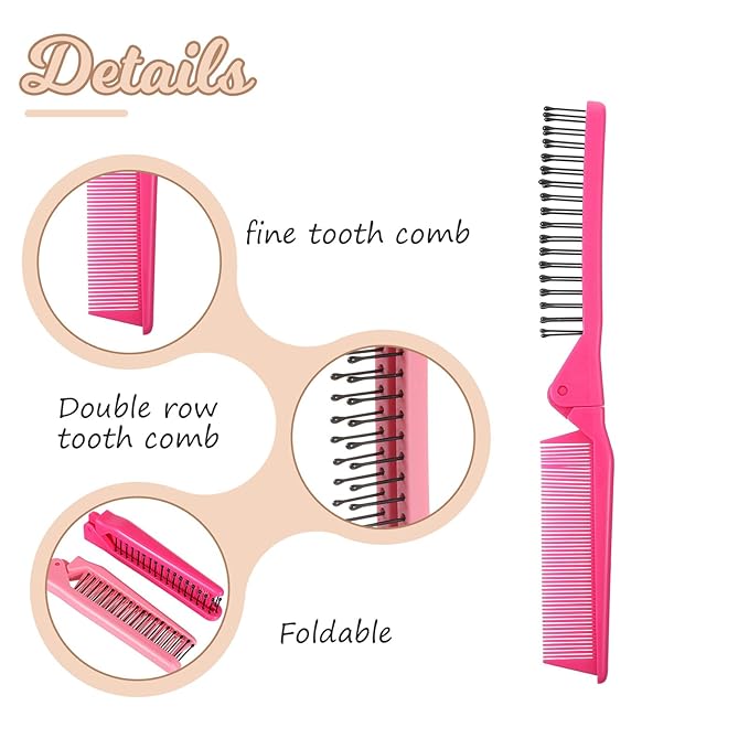 Folding Comb, 3 Pcs Travel Foldable Comb Protable Mini Hair Brush Anti-Static Double Headed Folding Hair Brush Hairdressing Tool for Women Men Long Short Thick Wavy Curly (Pink, Rose Red, Black)