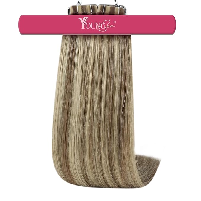 YoungSee Human Hair Tape in Extensions Highlight Invisible Tape in Brown Hair Extensions Softness Tapes Remy Hair Extension Human Hair Light Brown Highlighted Blonde 14Inch 20pcs 50g