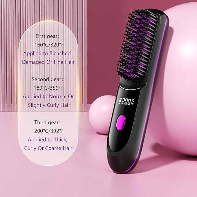 Go Brush Pro Hair Straightener – Cordless Comb with Base Negative Ion, 6000mAh Fast Heating & Portable Travel Design, Rechargeable Brush for Straightening and Curling (Black-1Pcs)