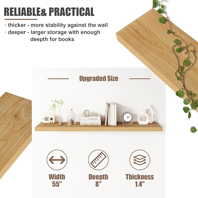 Floating Shelves for Wall, USA-Sourced Brich Wood 55 Inch Long Wall Shelves, Natural Wooden Mounted Picture Ledge Shelf, Nursery Book Storage Shelf Kids Bookshelf, Display Shelf for Bathroom