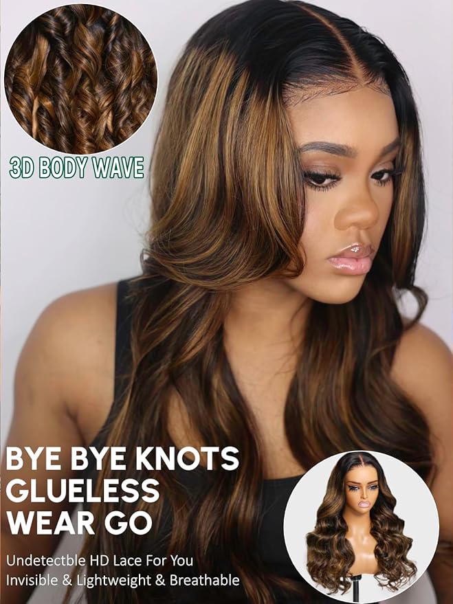 KLAIYI Pre Everything 13x4 Glueless Wig Ombre Brown Body Wave Pre Cut Lace Front Wigs Human Hair Pre Plucked Pre Bleached Wear and Go Wig with Dark Roots 12A Highlight Balayage 3S Ready To Wear 26Inch