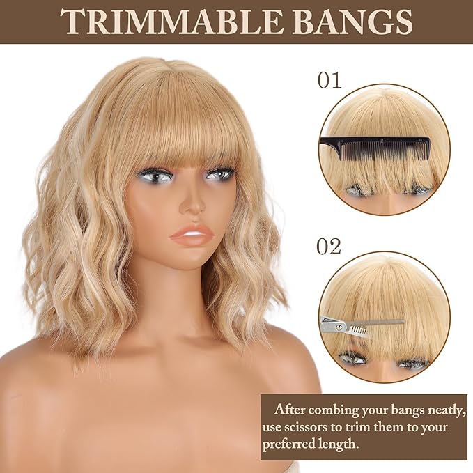 MISSQUEEN Blonde Bob Wig with Bangs Blonde Short Wavy Highlight White Wigs for Women curly hair with Bangs Heat Resistant Synthetic Wigs for Daily, Cosplay, Halloween,Party Wigs