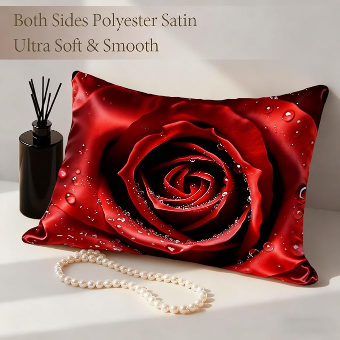 Imitation Silk Pillow Case for Hair and Skin Vintage Red Rose 1 Pack Satin Pillow Case Standard Size with Hidden Zipper Smooth Cooling Pillow Cover for Sleeping 20”x26”