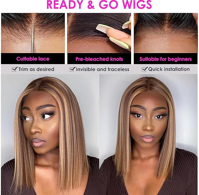 4/27 Ombre Highlight Bob Wig Human Hair 16 inch straight 427 bob wig 13x4 Highlight HD Lace Frontal Bob Wig Human Hair 180% Density Pre Plucked Ombre Short Bob Wigs for Black Women