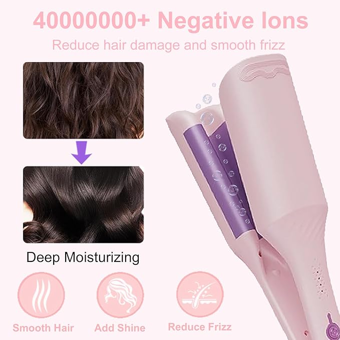 Waver Hair Crimper, 1.25 Inch Curling Wands with Ceramic 3 Barrels, 4 Temp Settings, Heat Resistant Glove, Fast Heating Crimper Hair Iron for Short and Long Hair (Pink)