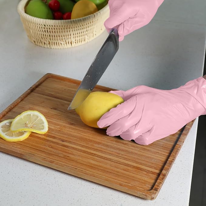 Disposable Gloves Medium, Nitrile and Vinyl Blend Material Gloves, Latex Free, 4 Mil 200 Pc Food Grade Glove for Cleaning, Food Prep, Hair Dye, Tattoo, Pink