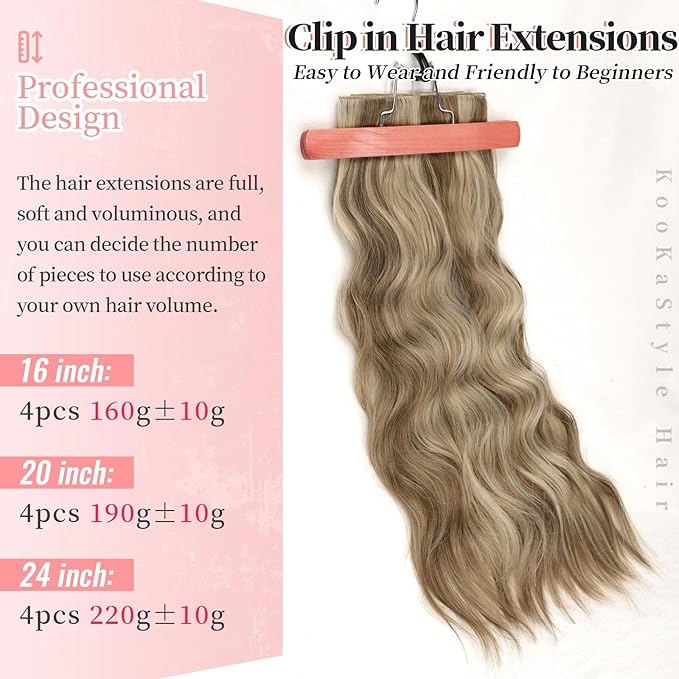 KooKaStyle Clip in Hair Extensions Long Wavy 4PCS Thick Hairpieces Synthetic Ash Blonde Balayage Fiber Double Weft Natural Hair Extensions for Women 24 Inch Daily Use