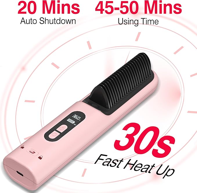 Hair Brush Straightener Cordless, Straightening Comb for Women with 300 Million Negative Ions, 6 Temps 30s Fast Heating, 10000mAh Rechargeable Battery, Portable Travel Frizz-Free, On-The-Go Styling