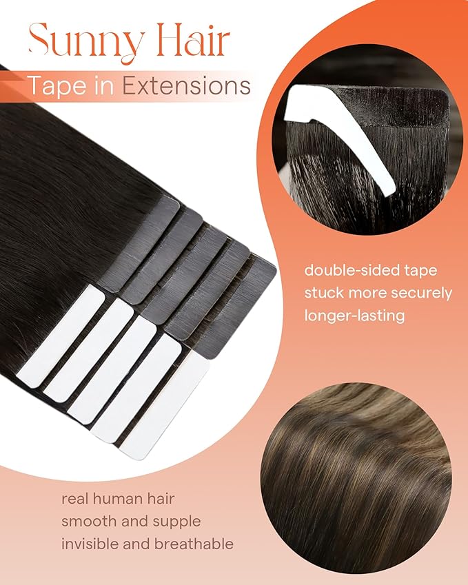 Sunny Hair Tape in Hair Extensions Real Human Hair Invisible Remy Hair Extensions Tape ins for Women Natural Black Ombre Dark Brown Balayage Ash Blonde 14 inch 25G