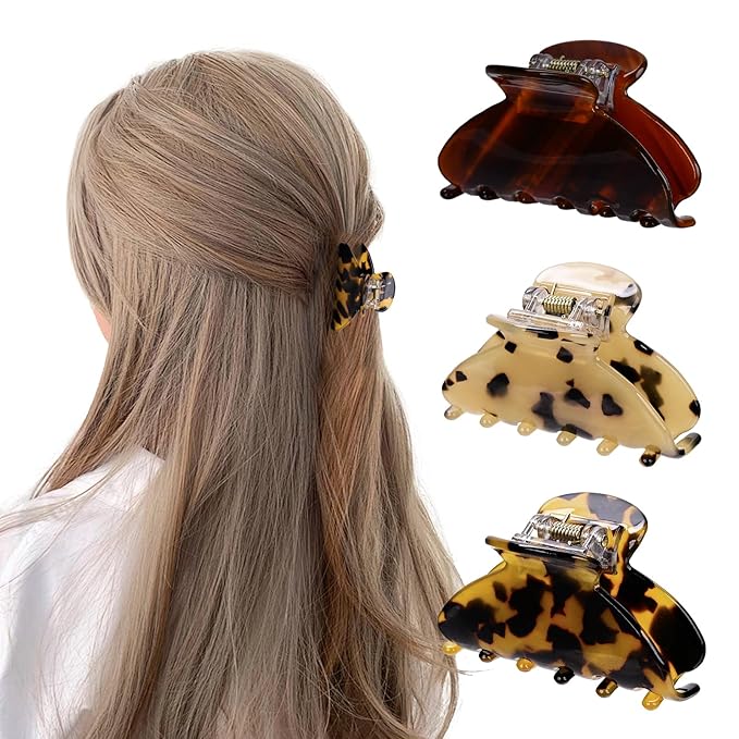 3 Pack Women's Hair Clips Set brown - Vintage Tortoise & Leopard Print Non-Slip Claw Clips, Celluloid Jaw Clamps for Medium Hair Hair Accessories Gift for Women