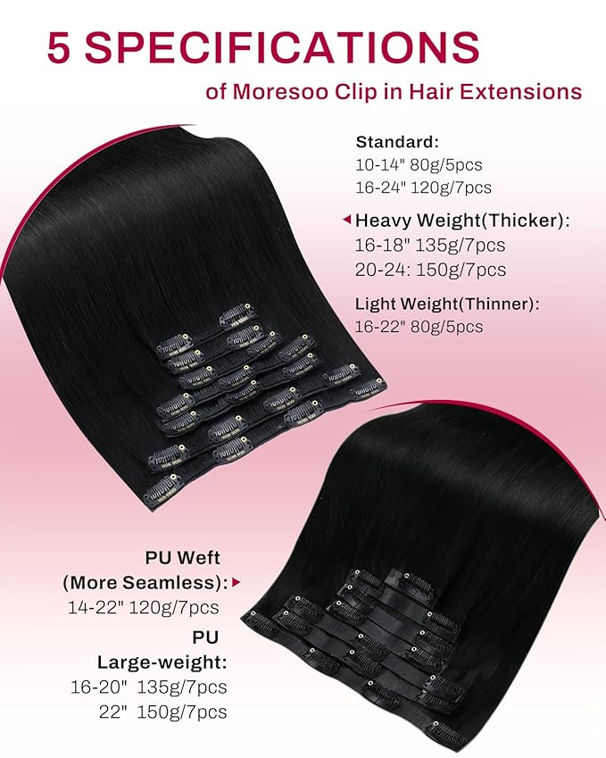 Moresoo Jet Black Hair Extensions Clip in Thick Real Human Hair Clip in Extensions Jet Black for Women Natural Remy Human Hair to Add Thickness Straight Double Weft 150g/7pcs 20in