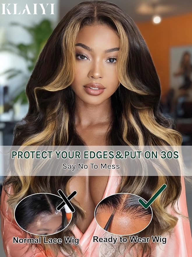 KLAIYI Ombre Highlight Blonde Loose Body Wave Bye Bye Knots Glueless Wigs Human Hair 7x5 Precut Lace Front Pre Plucked Bleached Ready to Wear Go Wig with Face Framing Curtain Bang Caramel Brown 24Inch
