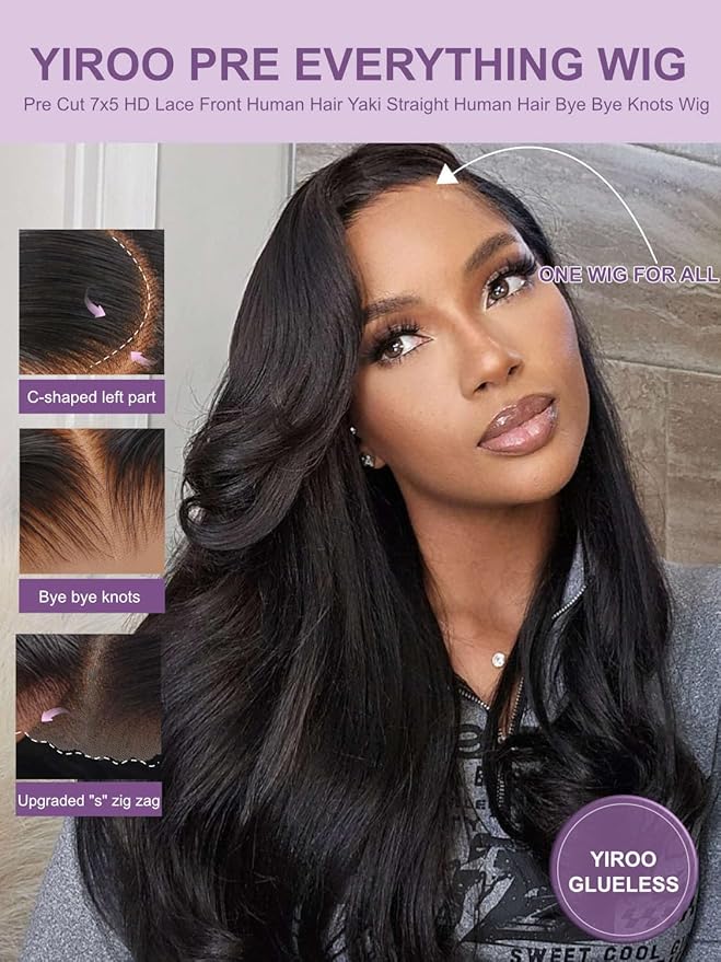 Yiroo Light Yaki Straight Wig Human Hair with Side Swept Bangs,7x5 Lace Front Bye Bye Knots Glueless Wig Human Hair Pre Plucked Pre Cut,Elastic Drawstring Wear and Go Wig for Women 150% Density 14Inch