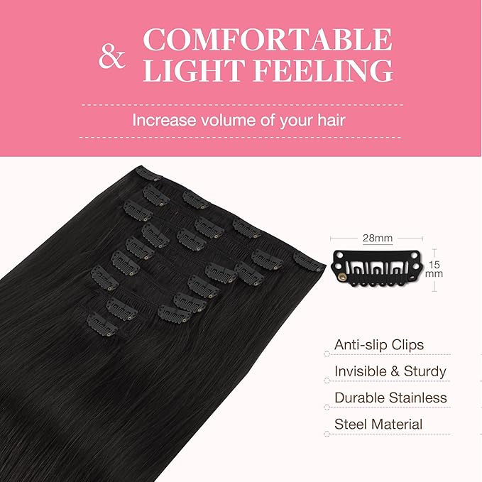 GOO GOO Clip in Hair Extensions Real Human Hair, Remy Human Hair Extensions Clip ins for Women, Natural Human Hair, 26inch 260g 9Pcs, #1B Natural Black