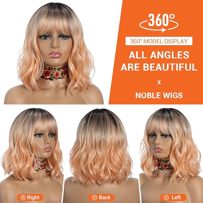NOBLE Pink Orange Wig for Women Peach Wig with Bangs Ombre Bob Curly Wigs with Air Bangs Synthetic Short Wavy Wigs with Bangs Heat Resistant Synthetic Daily Party Cosplay Costume Wigs