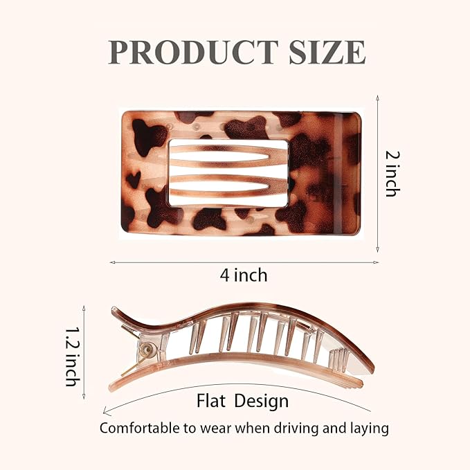 4 PCS Flat Hair Clips, Large Flat Claw Clips for Women Girls, Strong Hold French Hair Clips for Thick Thin Hair, Stylish Classic Hair Barrettes(Leopard)