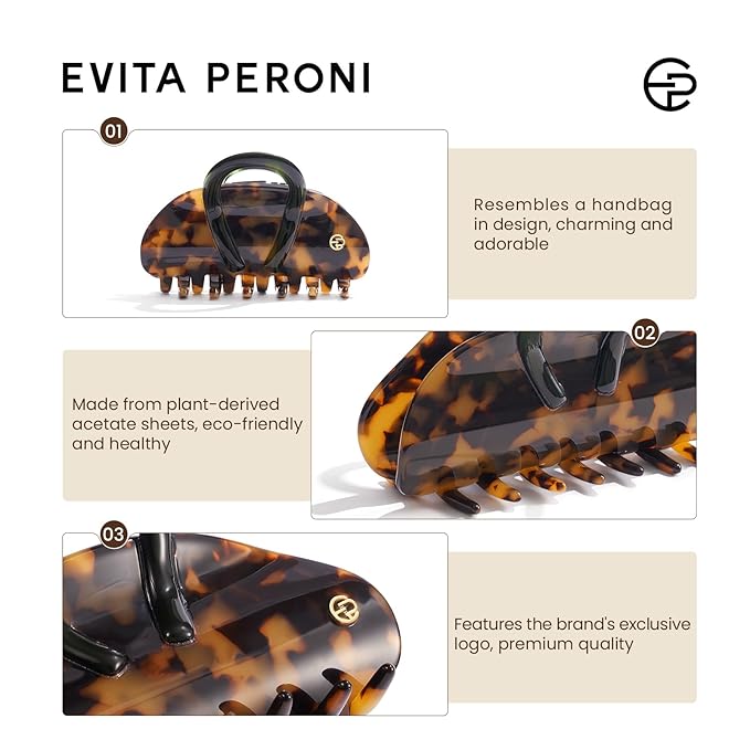 EVITA PERONI Middle Hair Clip, "Vintage Candy" Hair Clips for Women Strong Grip Acetate Shark Claw Clip with Gift Box, Tortoise