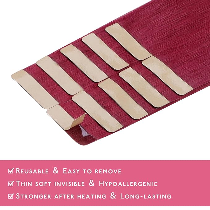 WENNALIFE Tape in Hair Extensions Human Hair Burgundy Red Tape in Extensions, 10pcs 25g 14 inch Remy Invisible Tape Ins Straight Colored Soft Real Human Hair Tape in Extensions Refill Set Extensions