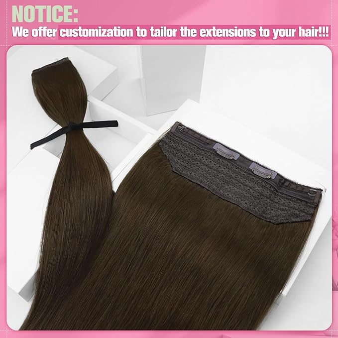 YoungSee Wire Hair Extensions Real Human Hair Brown Wire Extensions Real Human Hair Brown Straight Human Hair Fish Line Extension Easy to Apply and Remove 18 Inch 80g