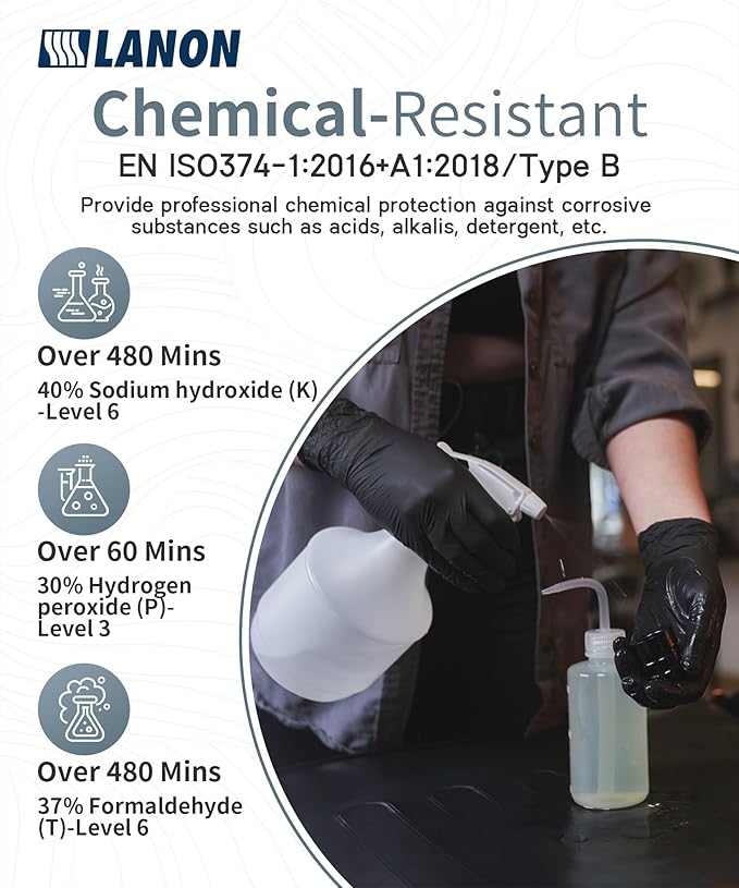 LANON Food Safe Disposable Nitrile Gloves, Latex-Free, Powder-Free, Silicone-Free, Textured Fingertips, Cooking, Black，Large