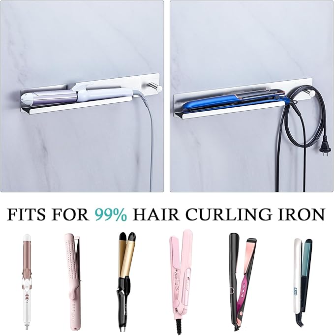 Hair Iron Holder Wall Mounted Curling Iron Holder Metal Hair Tool Organizer for Curling Wands Accessories Adhesive Hair Dryer Holder Straighteners Holder for Bathroom Barber Shops Vanity (Sliver)