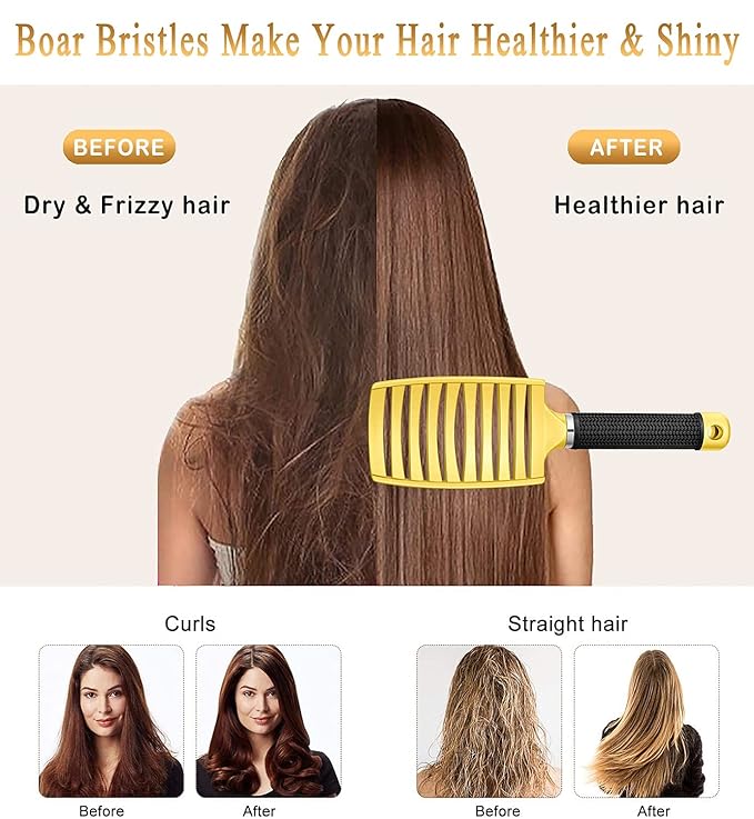 KTKUDY Detangling Brush Getting Knots Out without Pain - Boar Bristles HairBrush Make Hair Shiny & Healthier Vented Detangler Brush for Women Men Kids Wet and Dry Hair (Yellow & Gold)