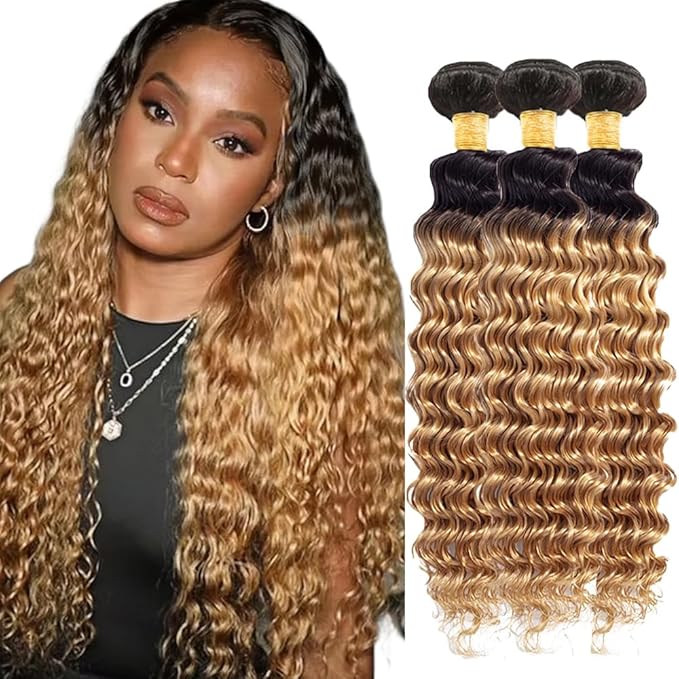 Ombre Bundles Human Hair Blonde Deep Wave Bundle Brazilian Virgin Remy Soft and Silky Hair 3 Bundles 12 14 16 Inch Double Weft 2 Tone Black and Honey Blonde Bundle Hair Weave 300g