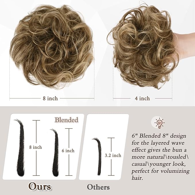 RUWISS Large Messy Bun Hair Piece 100% Human Hair Layered Wavy Curly Hair Buns Hairpiece for Women Thick Updo Hairpiece for Daily Wear Real Hair Scrunchies Brown Black Ponytail Extension