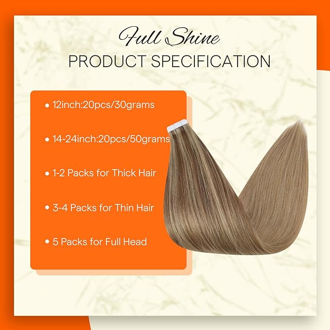Full Shine Tape in Hair Extensions Human Hair Gold Brown Highlighted Hair Extensions Tape in Color Brown Balayage 20Inch Double Sided Tape in Hair Extensions 20Pcs 50Grams for Women