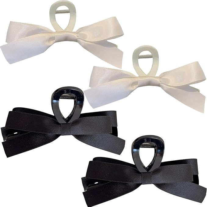 SEVEN LUCKY LIGHT Bow Claw Clip,4 Pcs Hair Bows for Women,Satin Silk Fabric,Large Size Hair Claw Clips for Thick Hair