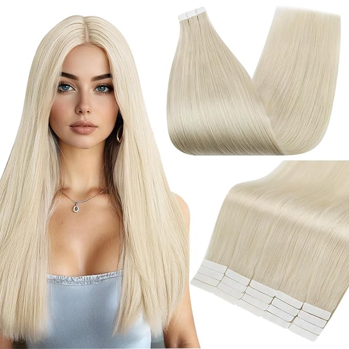 Full Shine Hair Extensions Tape ins 22 Inch Silky Straight Human Hair Extensions Color 1000 Blonde Brazilian Seamless Tape in Extensions Double Sided 50Grams 20 Pieces Remy Hair