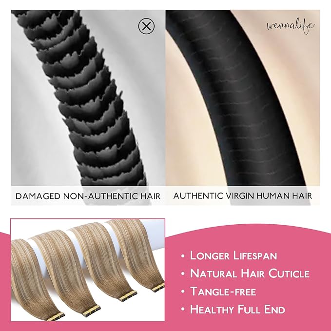 WENNALIFE Tape in Hair Extensions Human Hair Balayage Dirty Blonde with Platinum Ends Tape in Extensions, 10pcs 20g 12 inch Remy Invisible Tape Ins Straight Colored Soft Refill Set