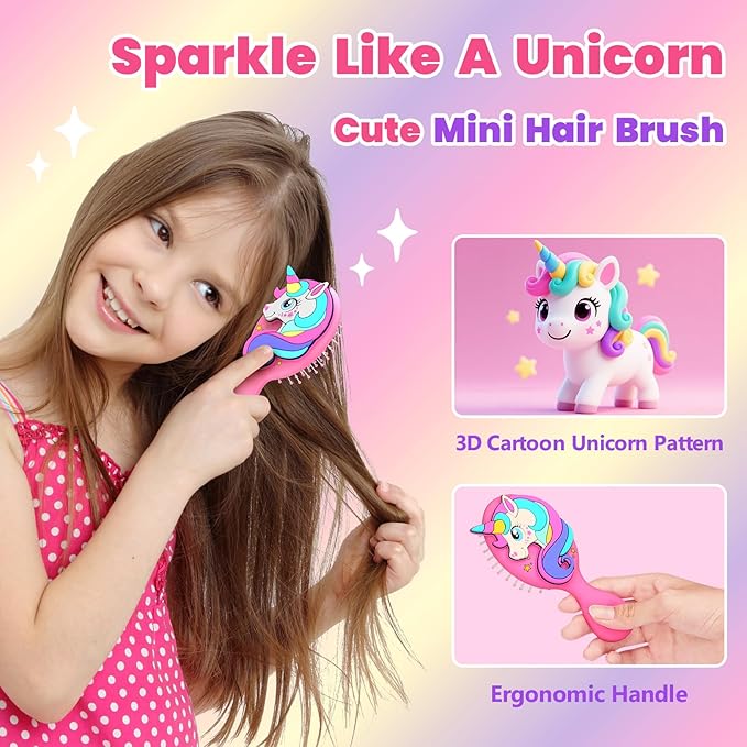 Toddler Hair Brush for Toddler Girls & Kids Ages 2-4+, Pink Mini Unicorn Hairbrush, Gentle Detangling brush, Wet & Dry Hair, Soft Ball-Tip Bristles for Sensitive Scalp, Travel-Friendly