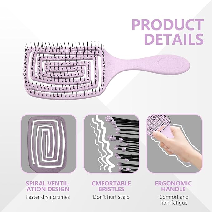 Detangling Brush, Dry and Wet Vented Detangler Hair Brush for Women and Men, Professional Paddle Curved Styling Hairbrush for Wet/Dry/Curly/Thick/Long/Damaged Hair, Purple