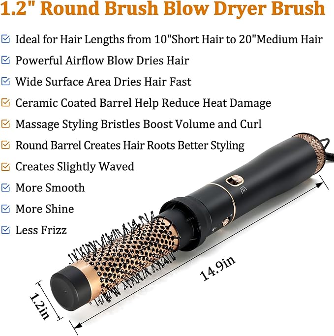 Round Hair Blow Dryer Brush - 1.2 Inch Ceramic Barrel Hair Dryer Brush for Short/Middle Hair, One Step Drying, Volumizing, Straightening and Styling, Negative Ionic Dryer Brush(Black-Brass, 1.2)