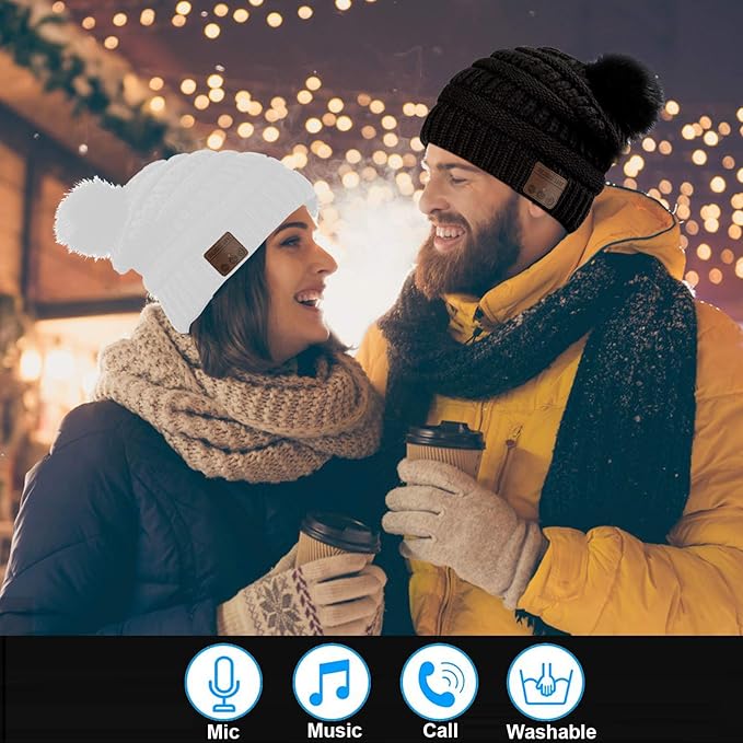 Wireless Music Beanie Women Beanie Girls Hat Over Ear Headset Sports Stereo Headphone with Microphone Speaker Womens Beanie Cap Snow White