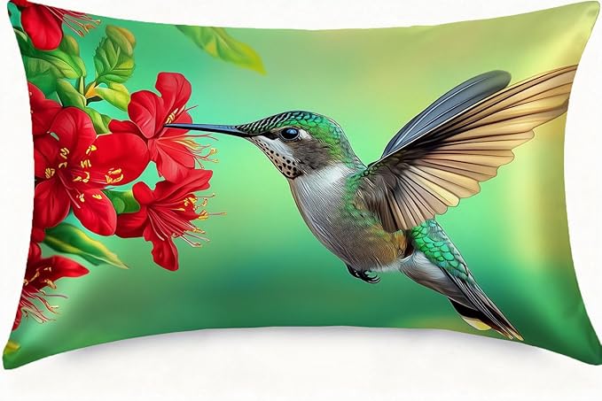 Satin Pillowcase with Zipper for Hair and Skin Humming Bird and Red Flowers 1 Pack Soft Silk Pillow Case Standard Size Wrinkle-Free Smooth and Cooling Satin Pillow Cover 20”x26”